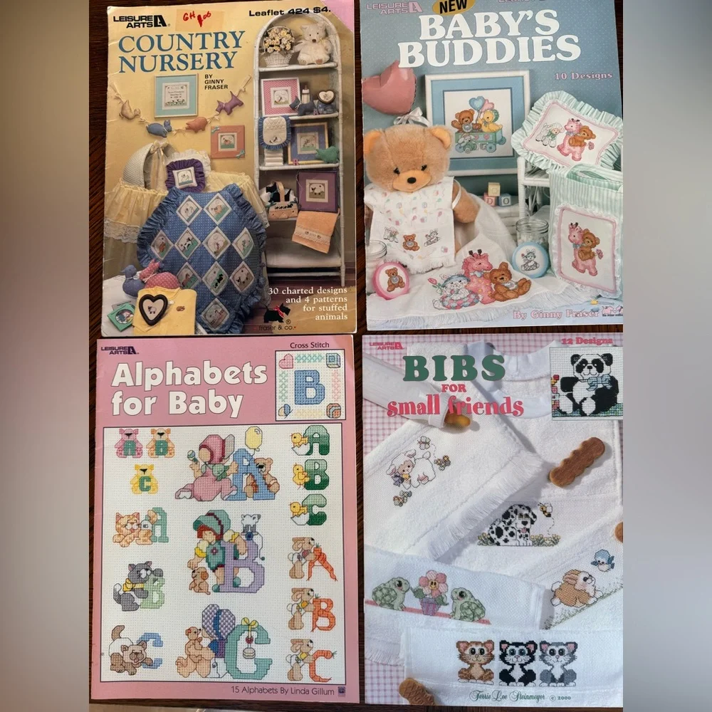 Leisure Arts Cross stitch pattern lot of 4 Nursery ABCs Bibs Baby’s Buddies